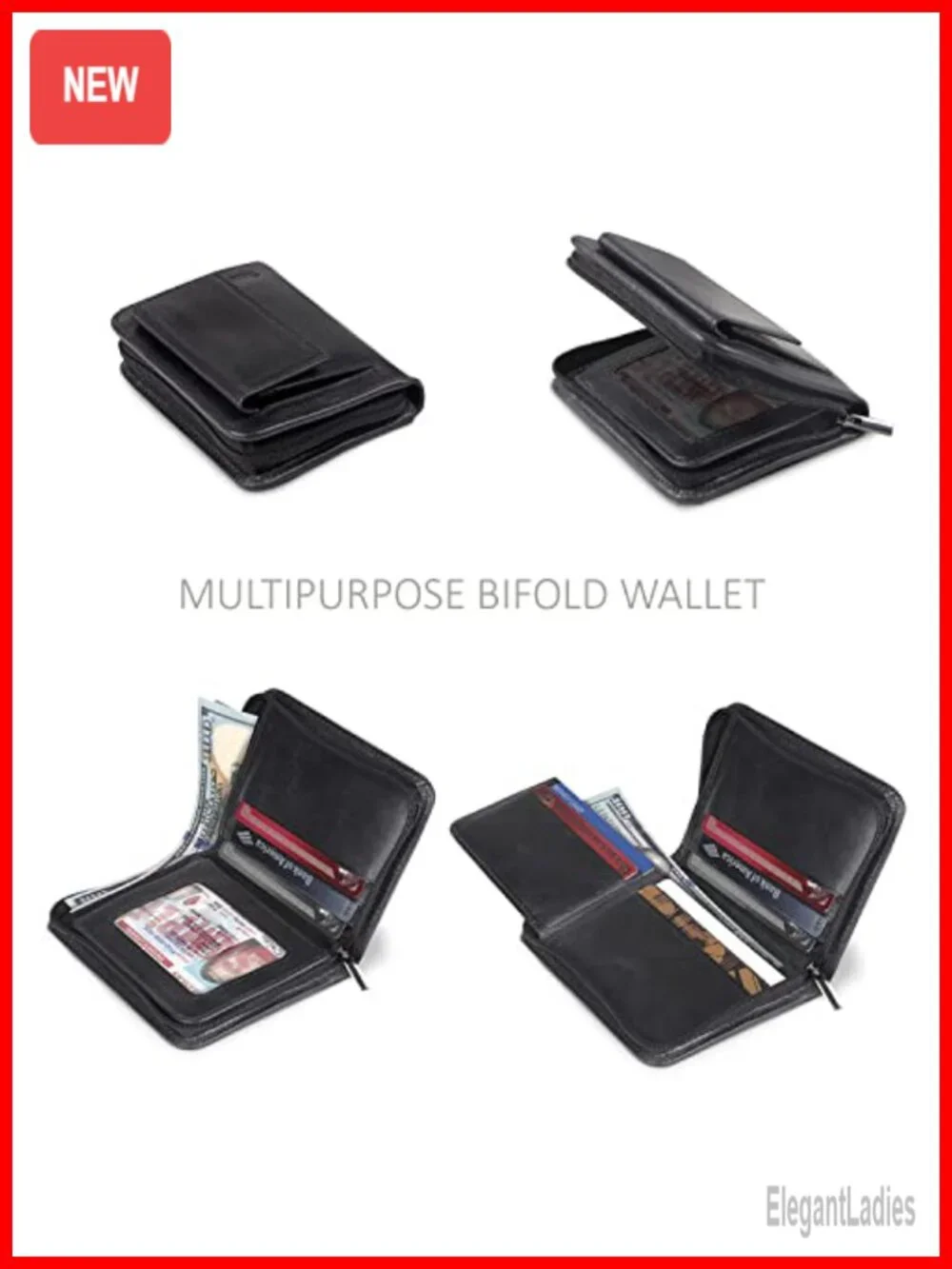 RFID Blocking Zippered Bifold Wallet - Italian Cowhide Leather - Slim Travel